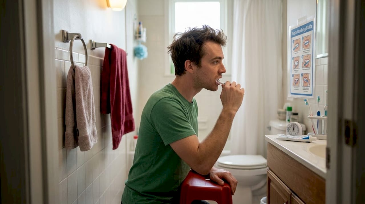 Man using visual brushing schedule in bathroom