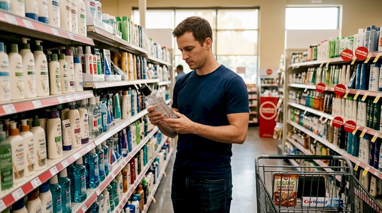 Man reads mouthwash ingredients at pharmacy shelf
