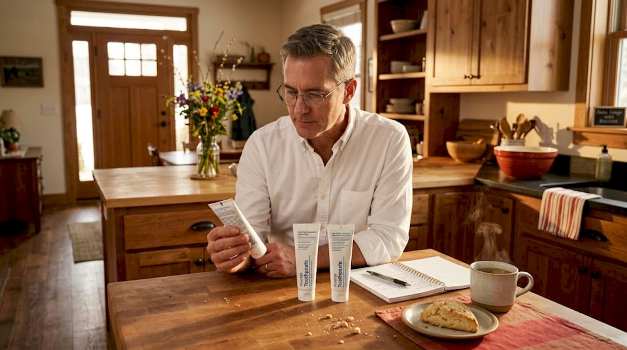 Man compares toothpaste labels at kitchen table