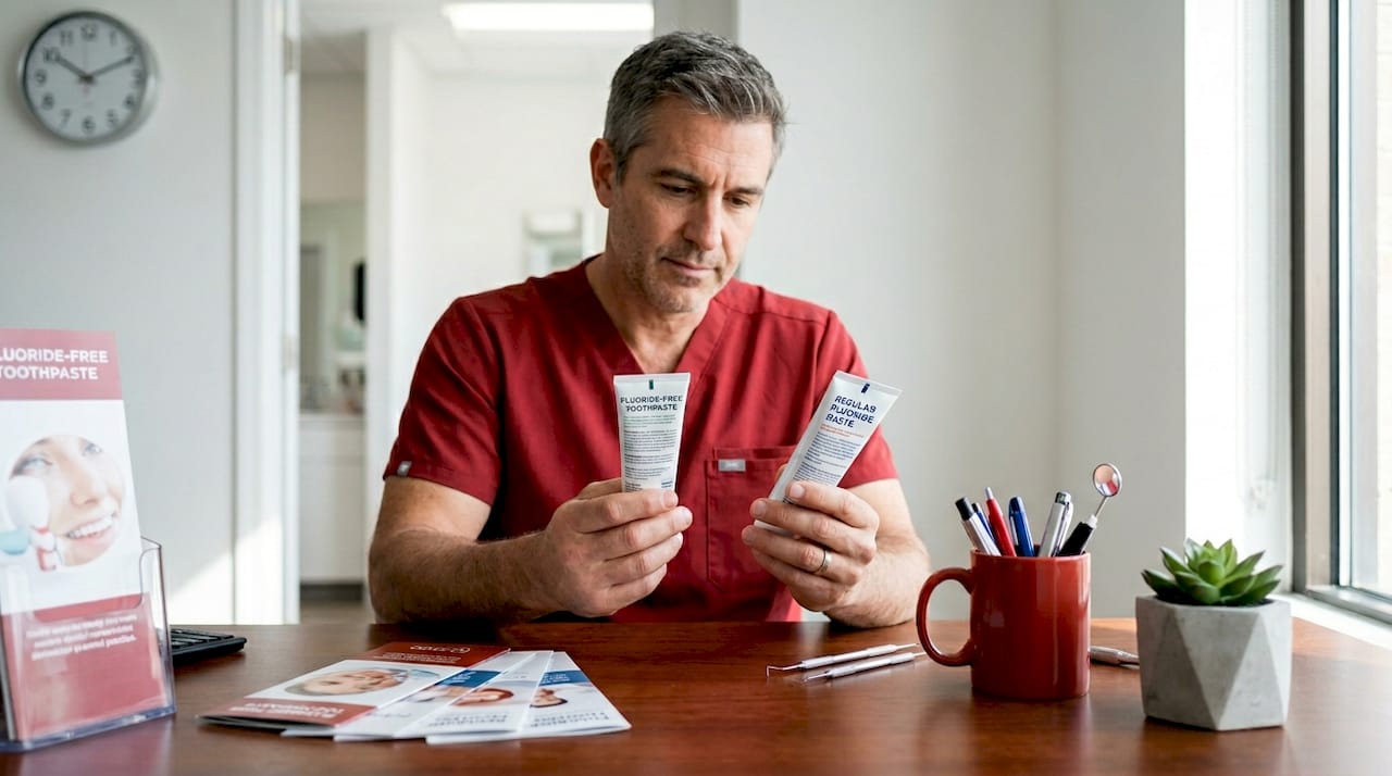 Dentist comparing fluoride-free toothpaste benefits