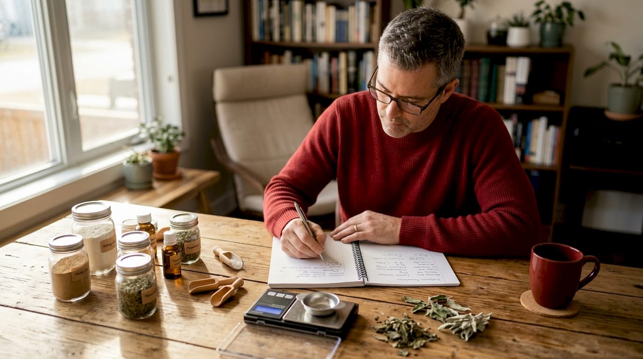 Person formulating natural toothpaste on kitchen table