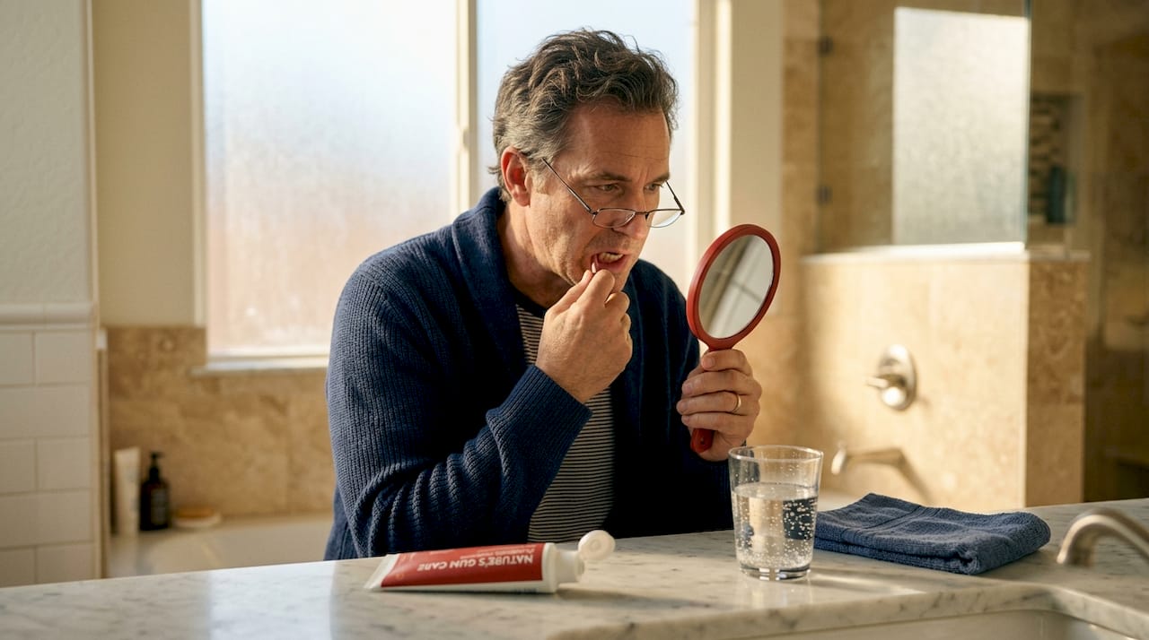 Man inspecting gums with hand mirror at kitchen table