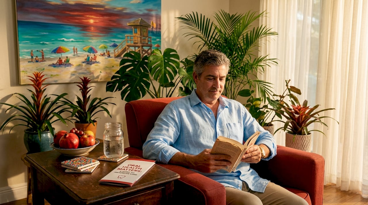 Man reading with water glass and dental pamphlet
