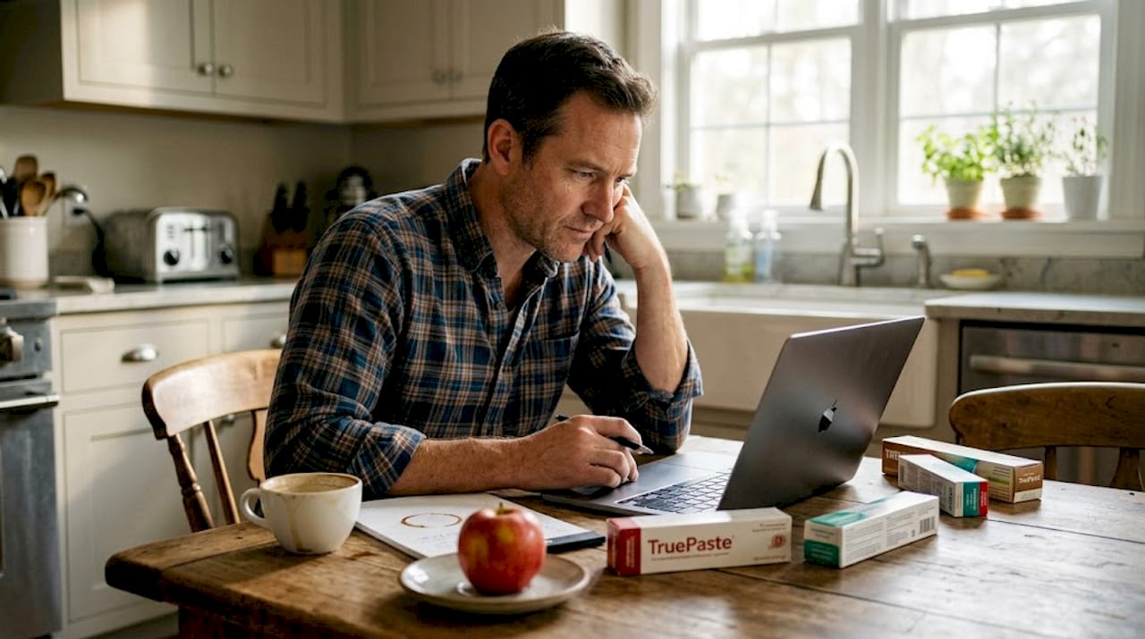 Man cross-referencing toothpaste ingredients online