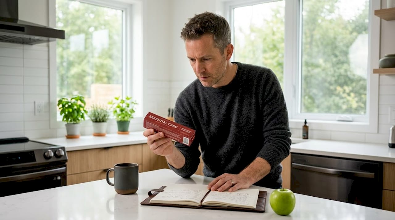 Man reads non-fluoride toothpaste ingredient list