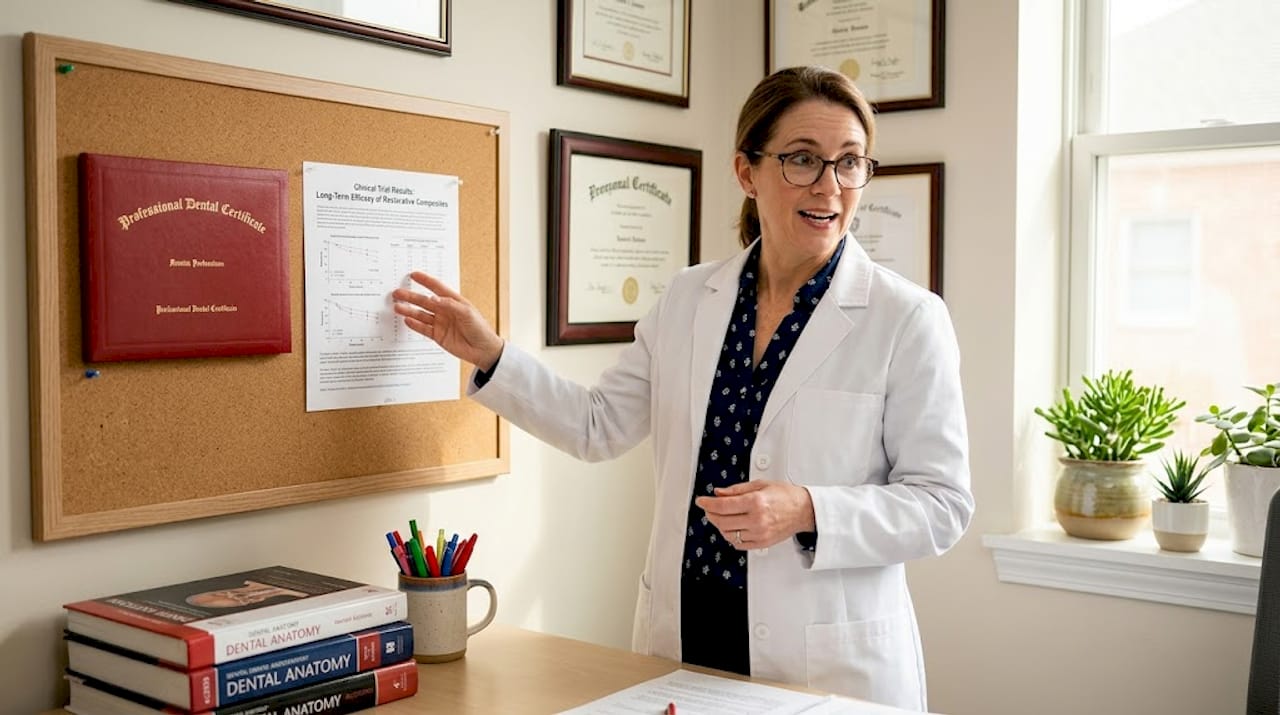 Dentist discussing arginine research findings
