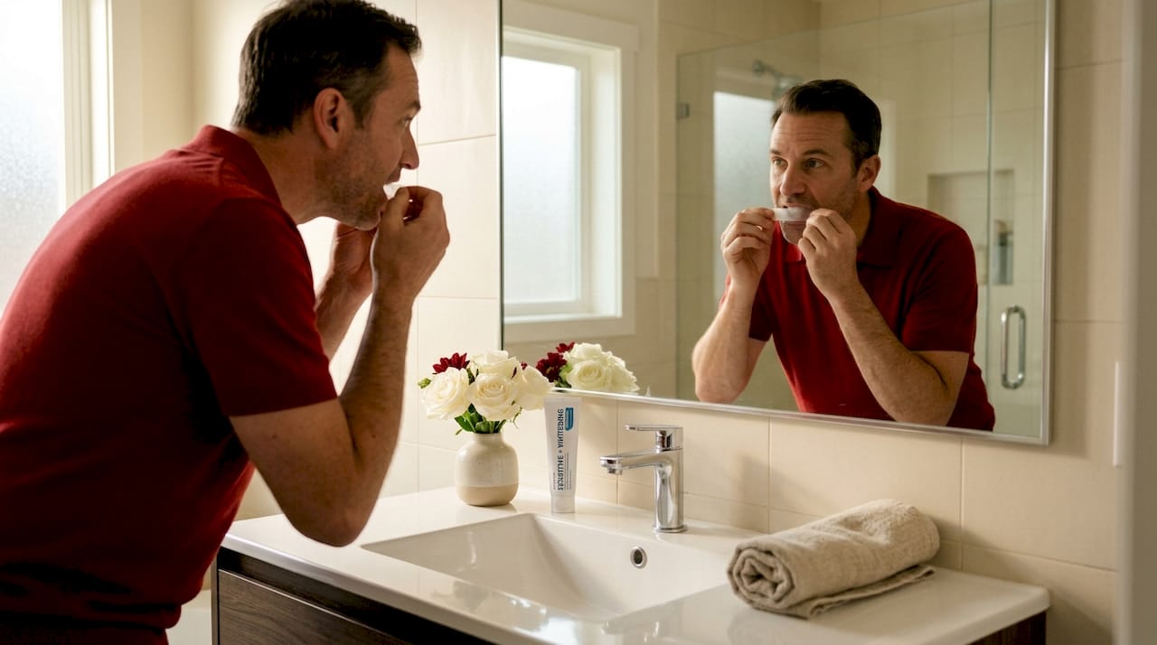 Man applying whitening strip in bathroom