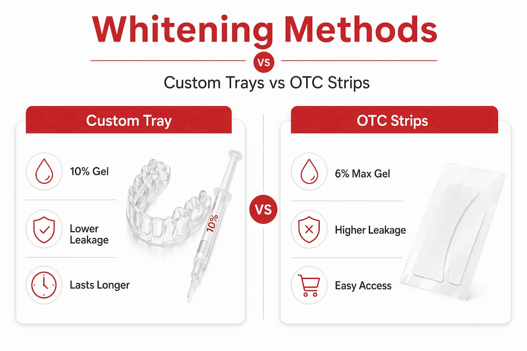 Infographic comparing custom whitening trays and OTC strips