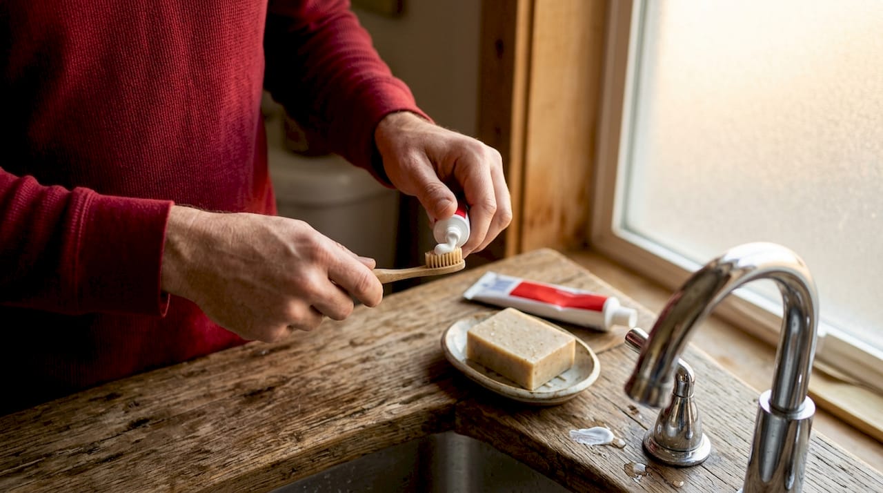 Close-up hands applying toothpaste to toothbrush