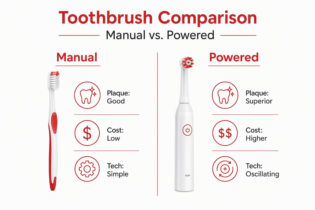 Infographic comparing manual and powered toothbrushes