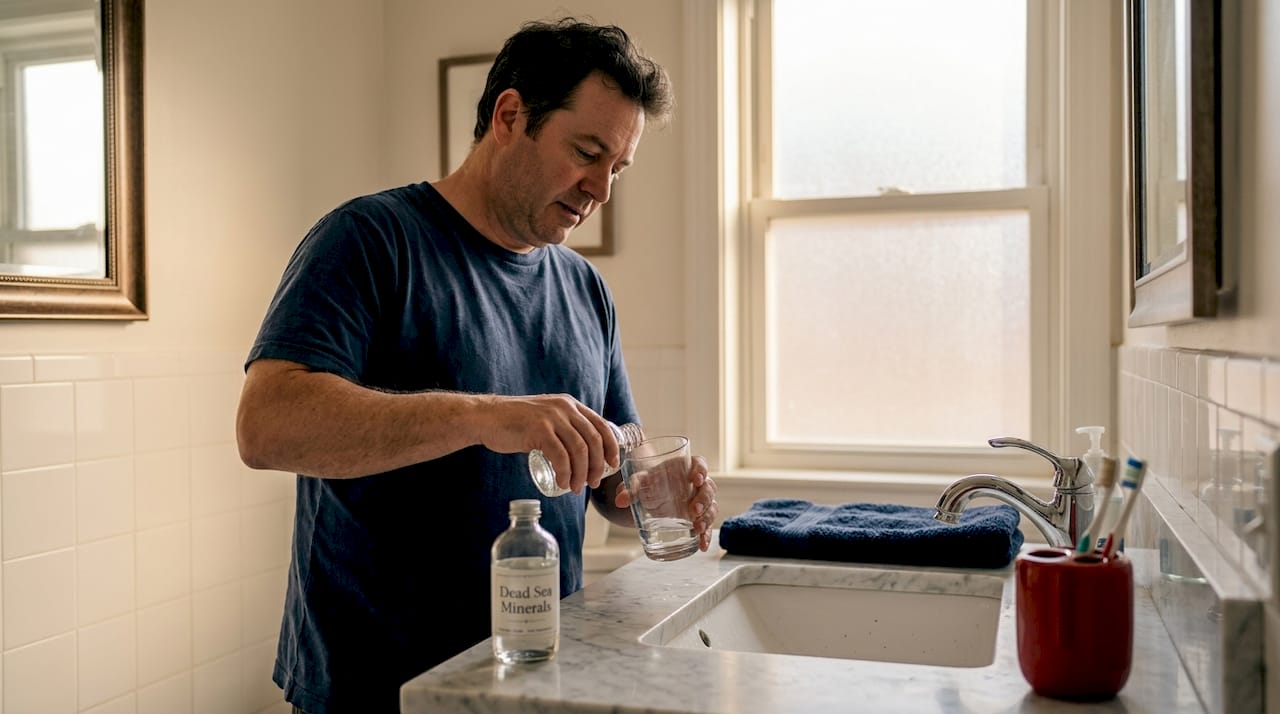 Man mixes mineral mouthwash in bathroom