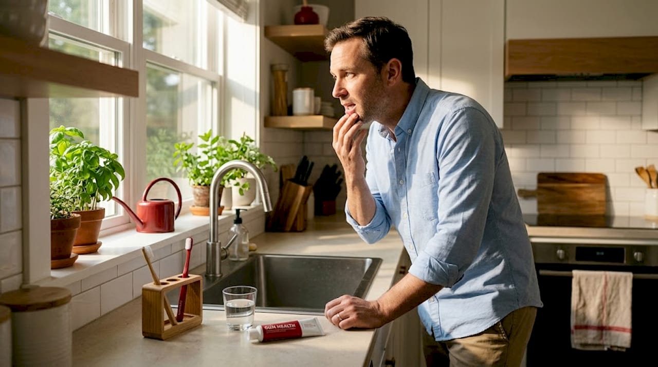 Man inspecting gum health at bathroom mirror
