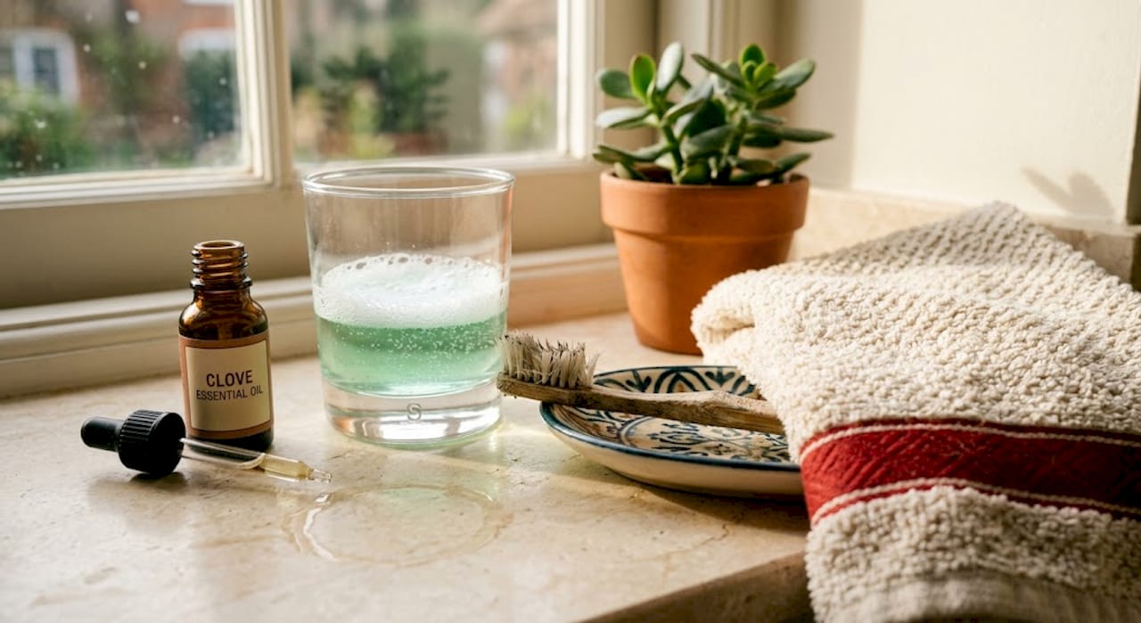 Essential oil, mouthwash, toothbrush on countertop