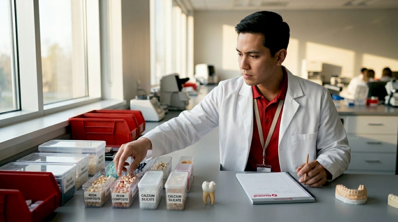 Technician sorting dental material samples