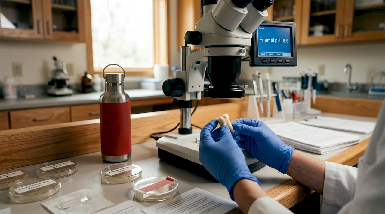 Researcher holding tooth sample under microscope