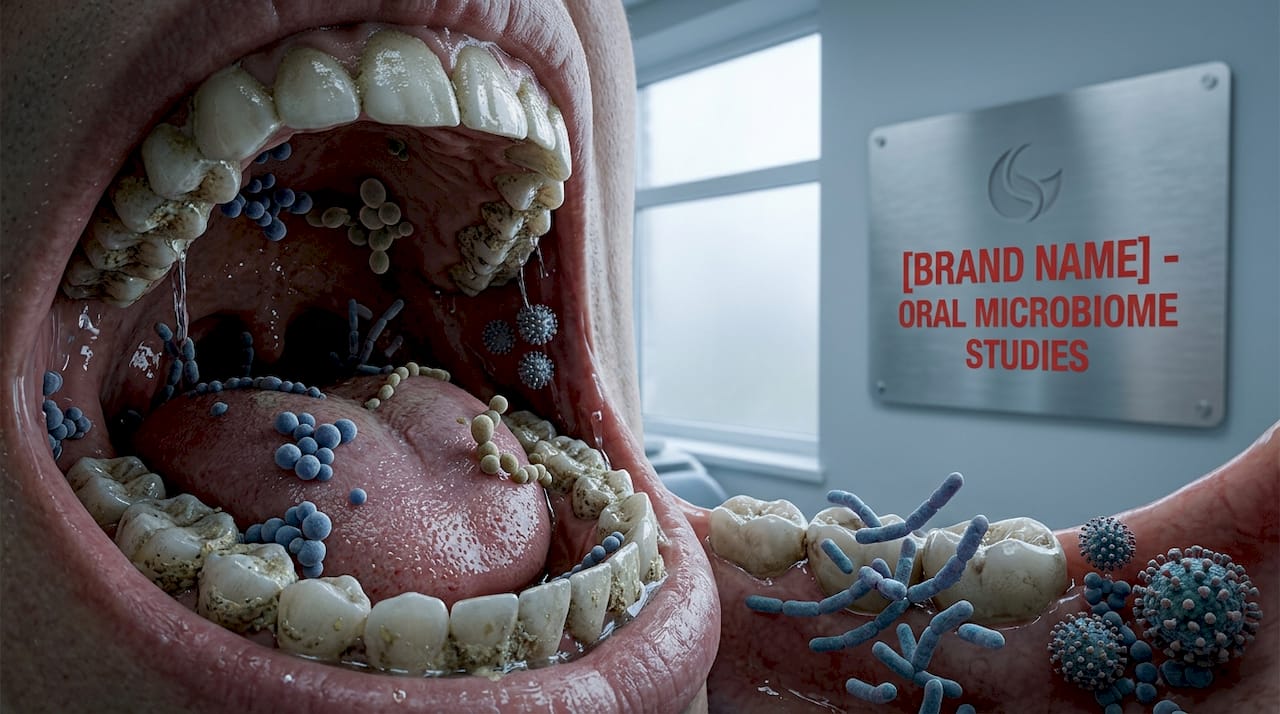 Detailed oral microbiome ecosystem close-up illustration