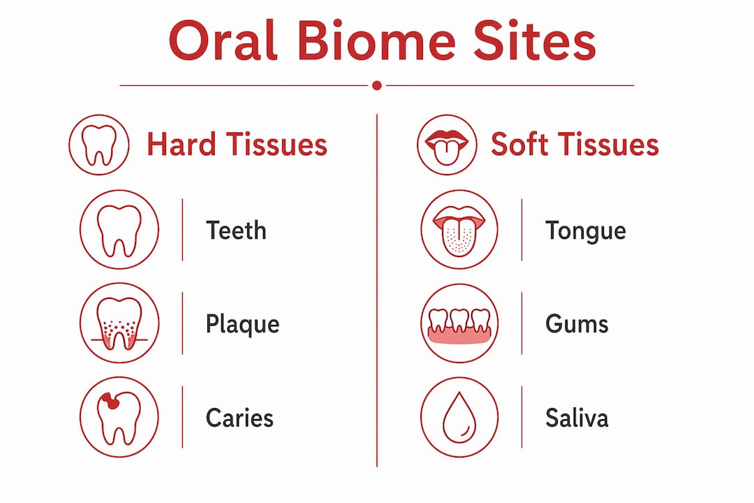 Infographic comparing oral biome distribution on hard and soft tissues