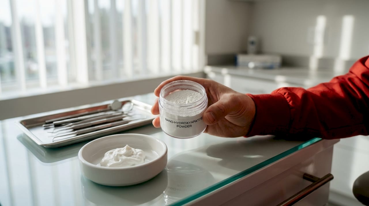 Jar of nano-hydroxyapatite and toothpaste close-up