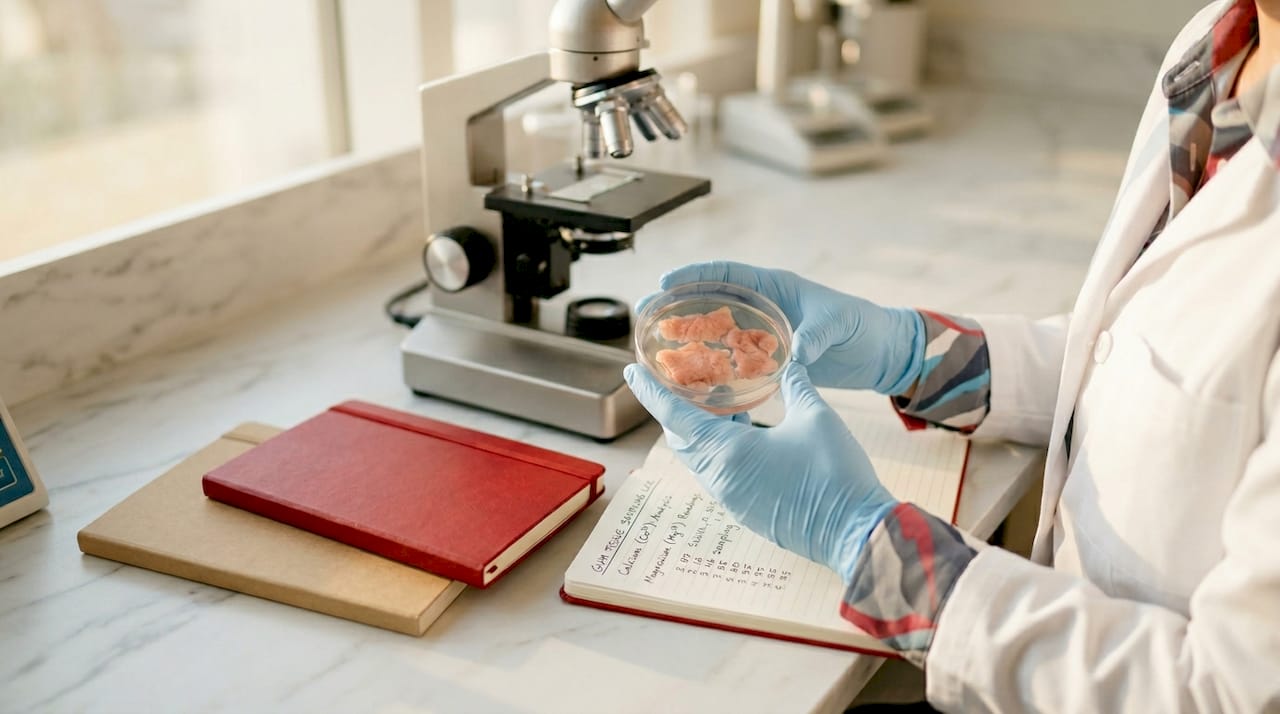 Hands holding petri dish with gum tissue in lab