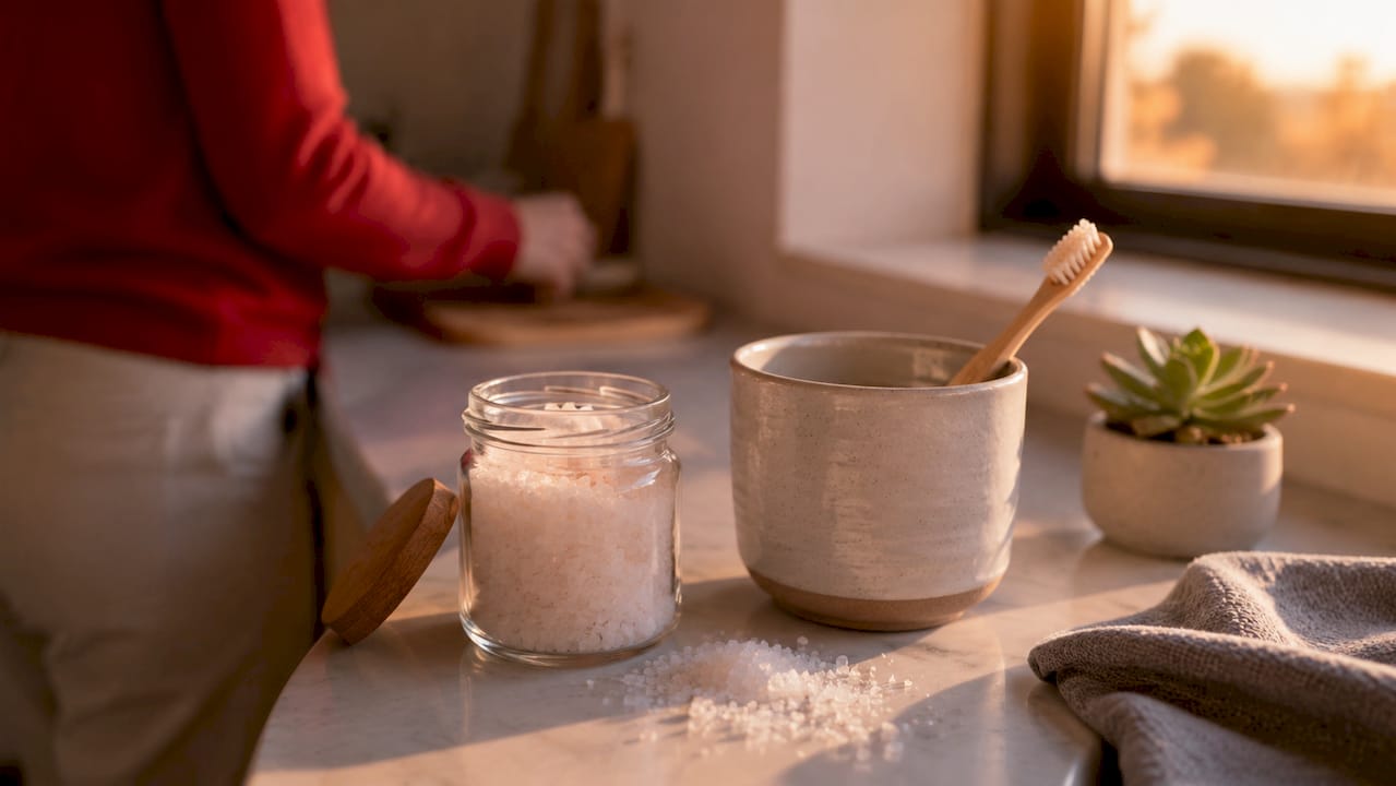 Close-up of Dead Sea salt crystals and toothbrush