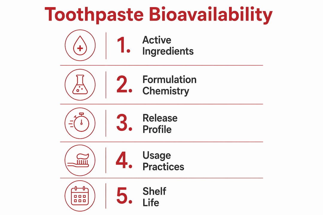 Infographic illustrating factors influencing toothpaste bioavailability