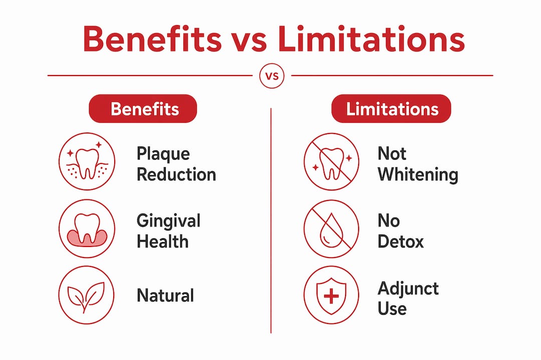 Infographic comparing benefits and limitations of dental cleansing oil