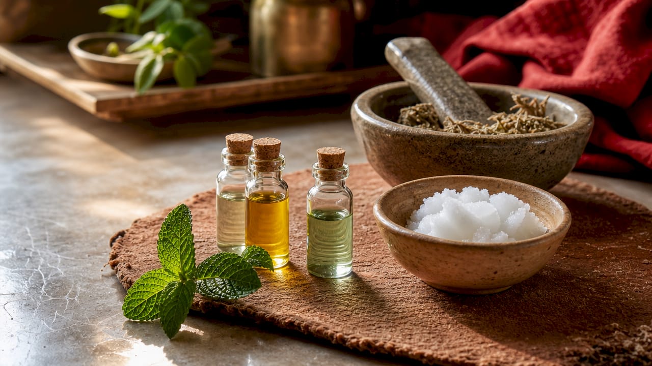 Natural oils and herbs on rustic table for oral care