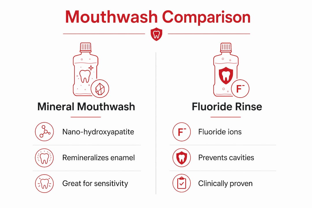 Infographic comparing mineral mouthwash and fluoride rinse