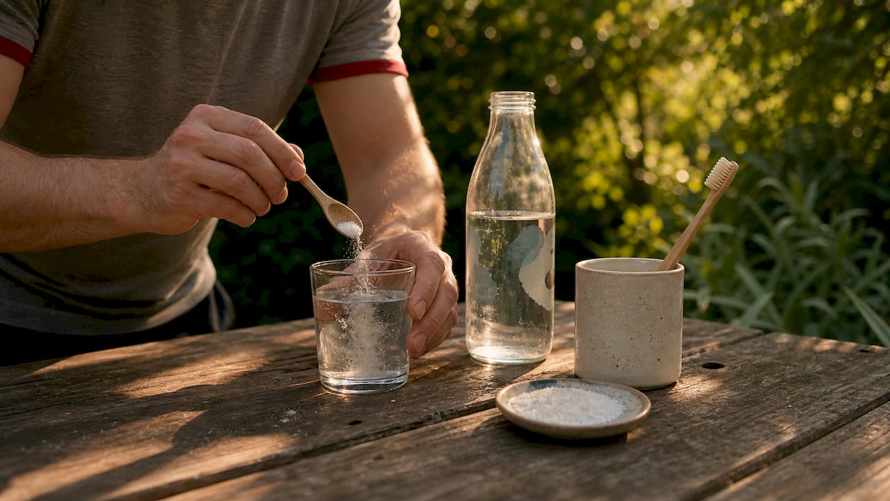 Hands preparing Dead Sea mineral mouthwash solution