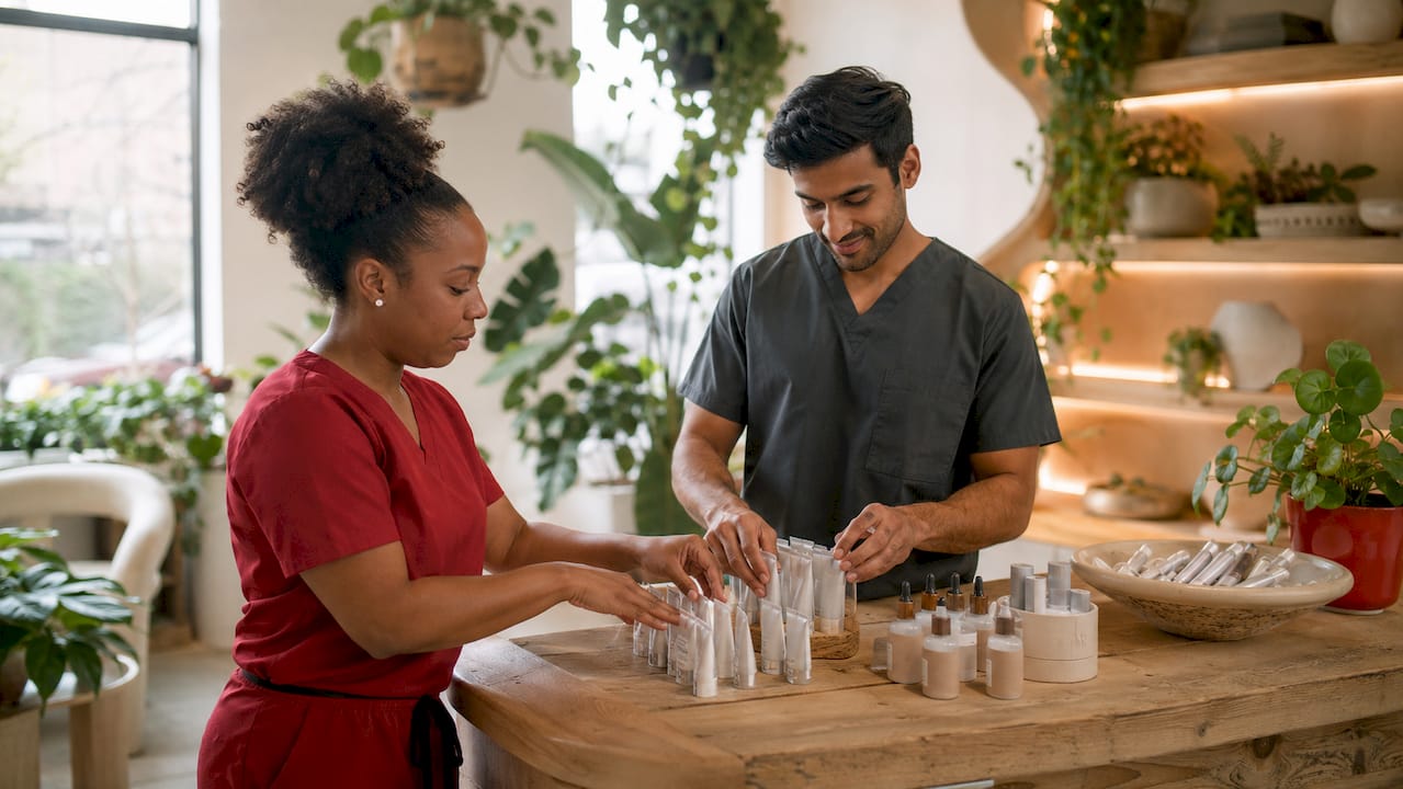 Dental assistants preparing holistic dental materials