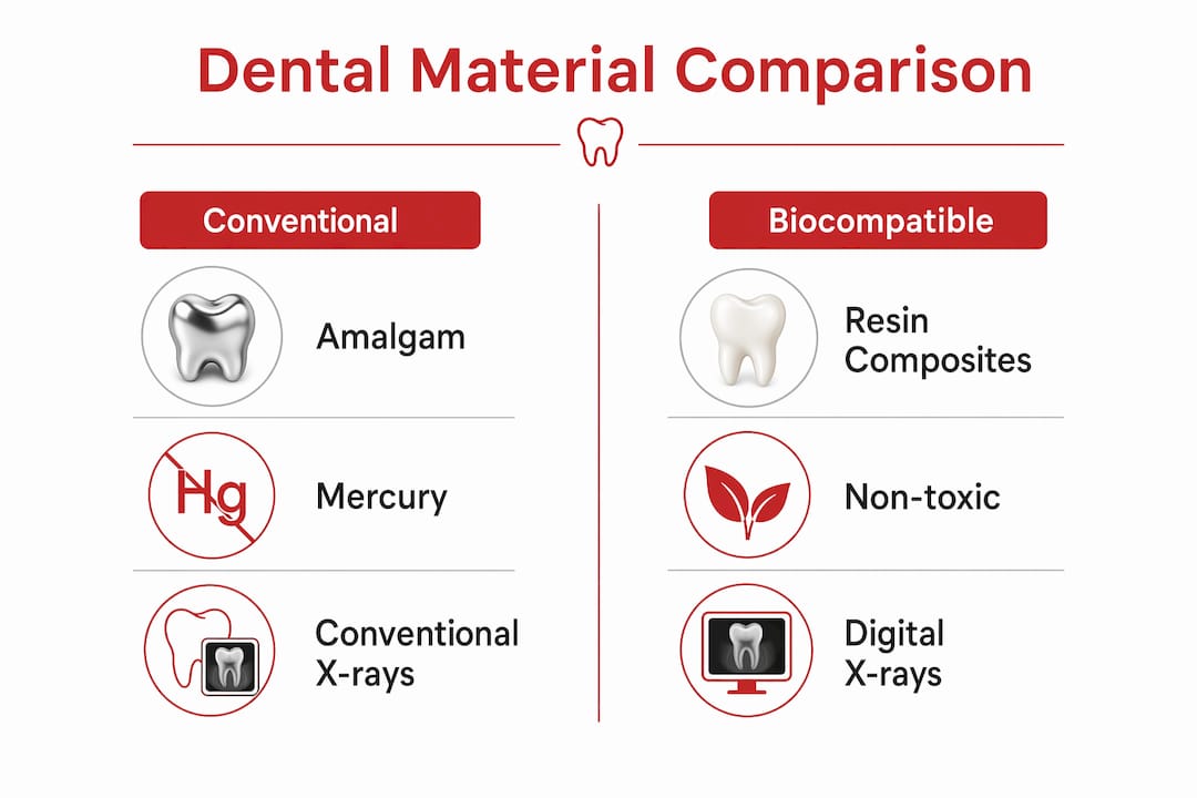 Infographic comparing dental materials conventional vs biocompatible
