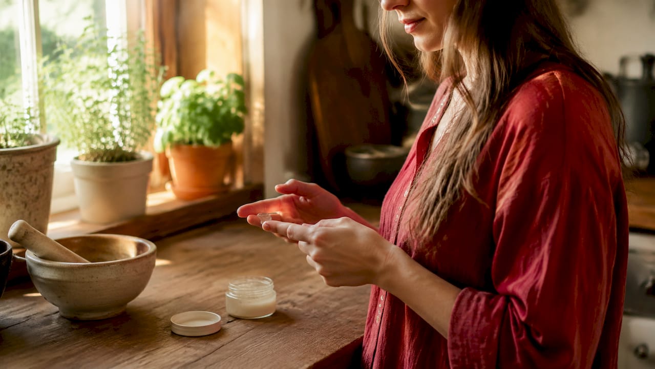 Hands applying hemp oral care gel