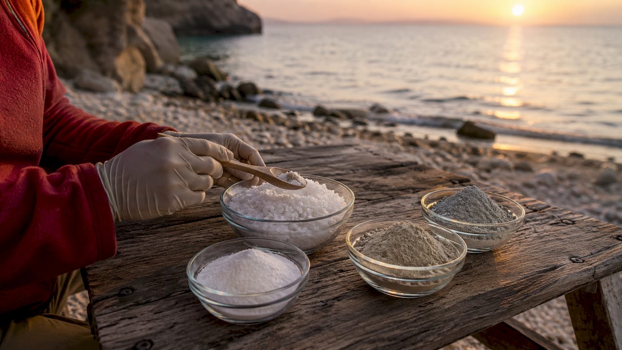 Hands handling Dead Sea mineral salts outdoors