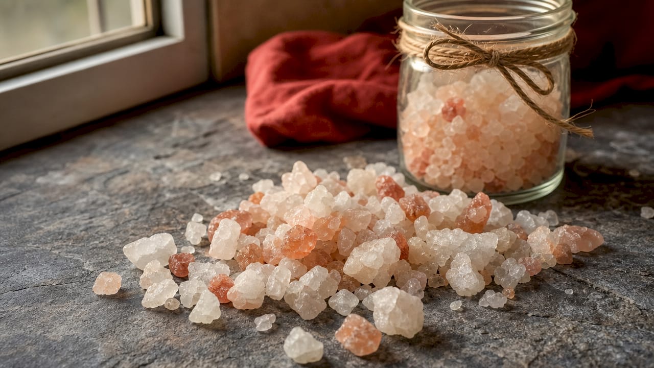 Close-up of Dead Sea salt crystals on wood