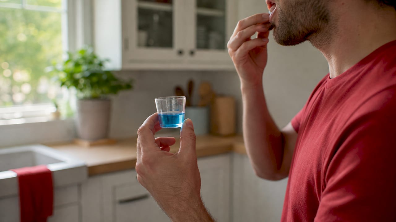 Close-up of hands holding mouthwash measuring cup