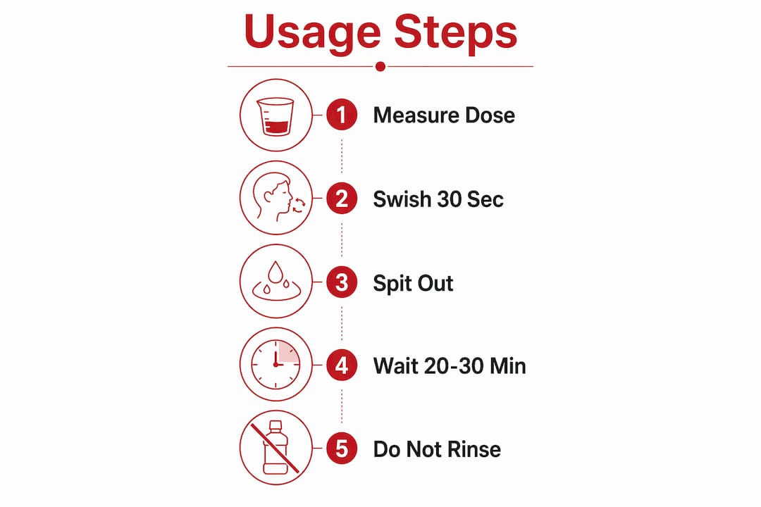 Infographic showing steps to use fluoride-free mouthwash