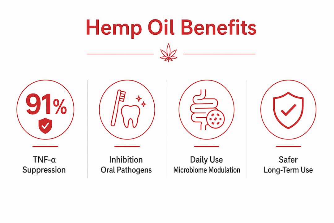 Infographic showing key hemp oil benefits in oral care
