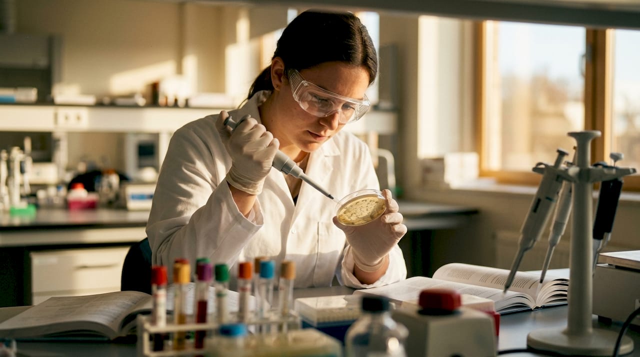 Scientist studying hemp oil effects on biofilm