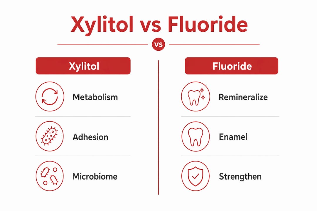 Infographic comparing xylitol and fluoride dental effects