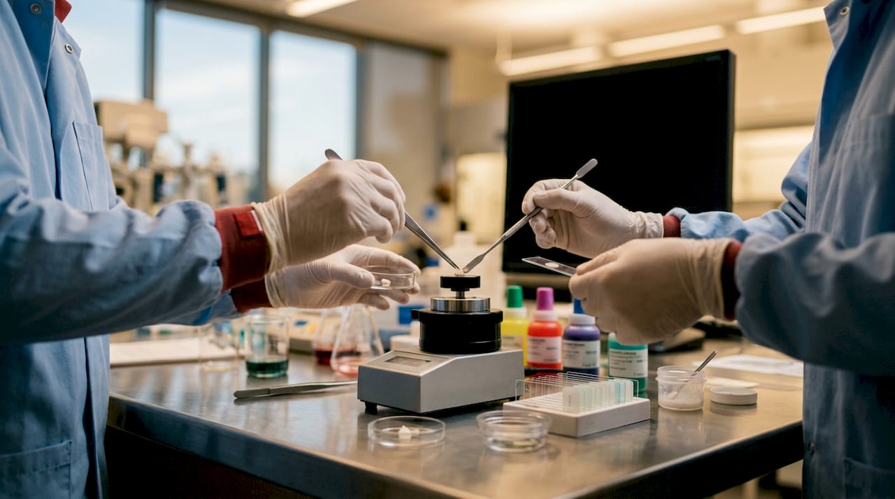 Hands testing dental materials in lab
