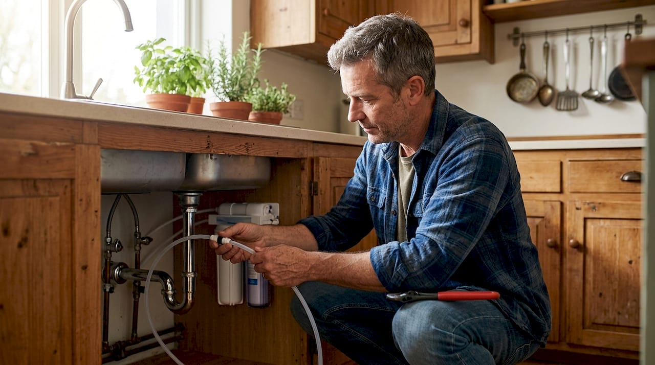 Man installing water filter under kitchen sink