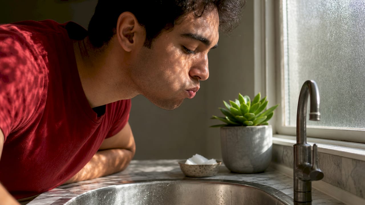 Close-up of man performing oil pulling in kitchen