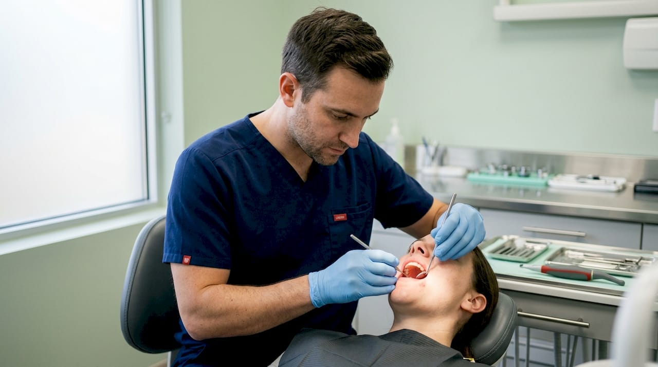 Dentist inspecting patient's inflamed gums