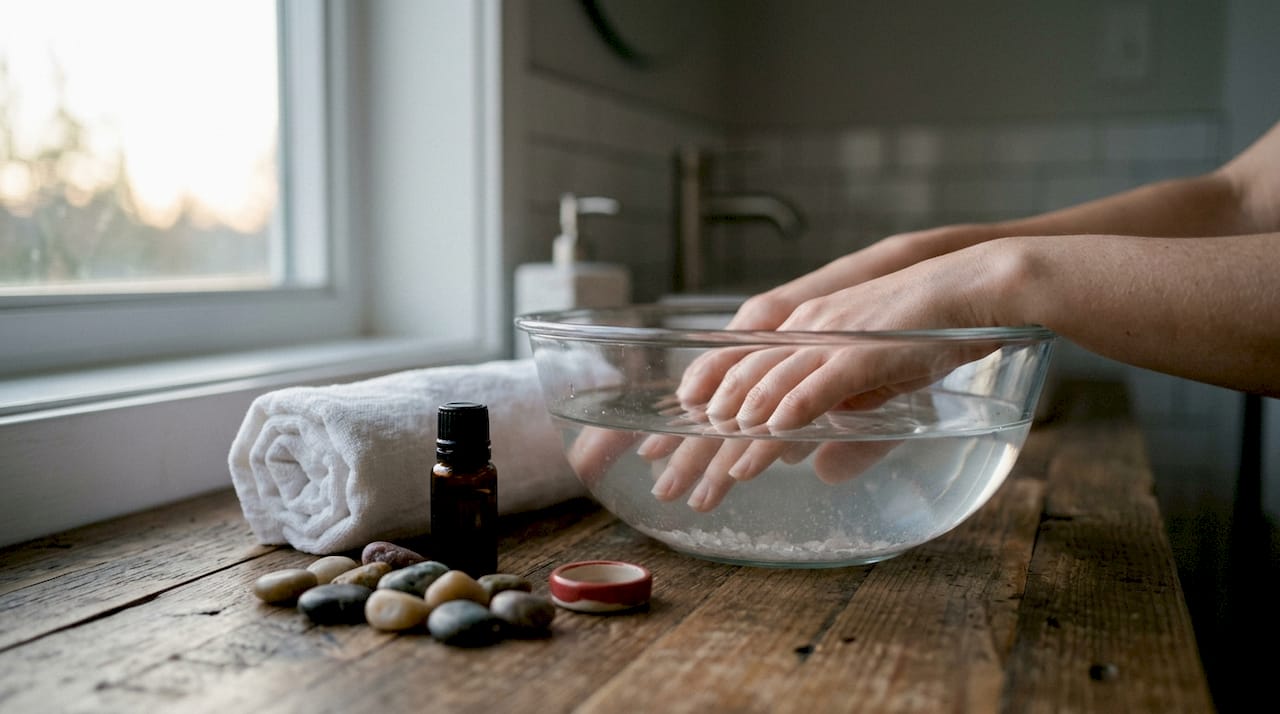 Hands soaking in mineral bath bowl