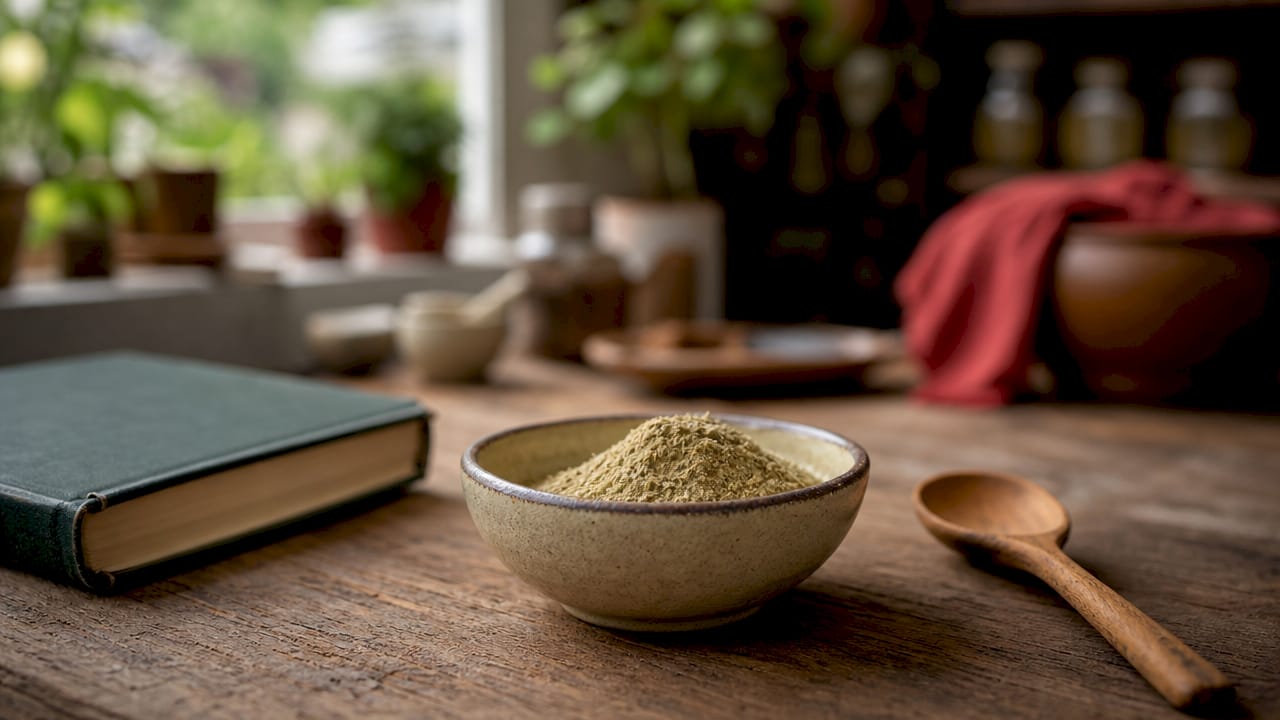 Ashwagandha root and powder with herbal book
