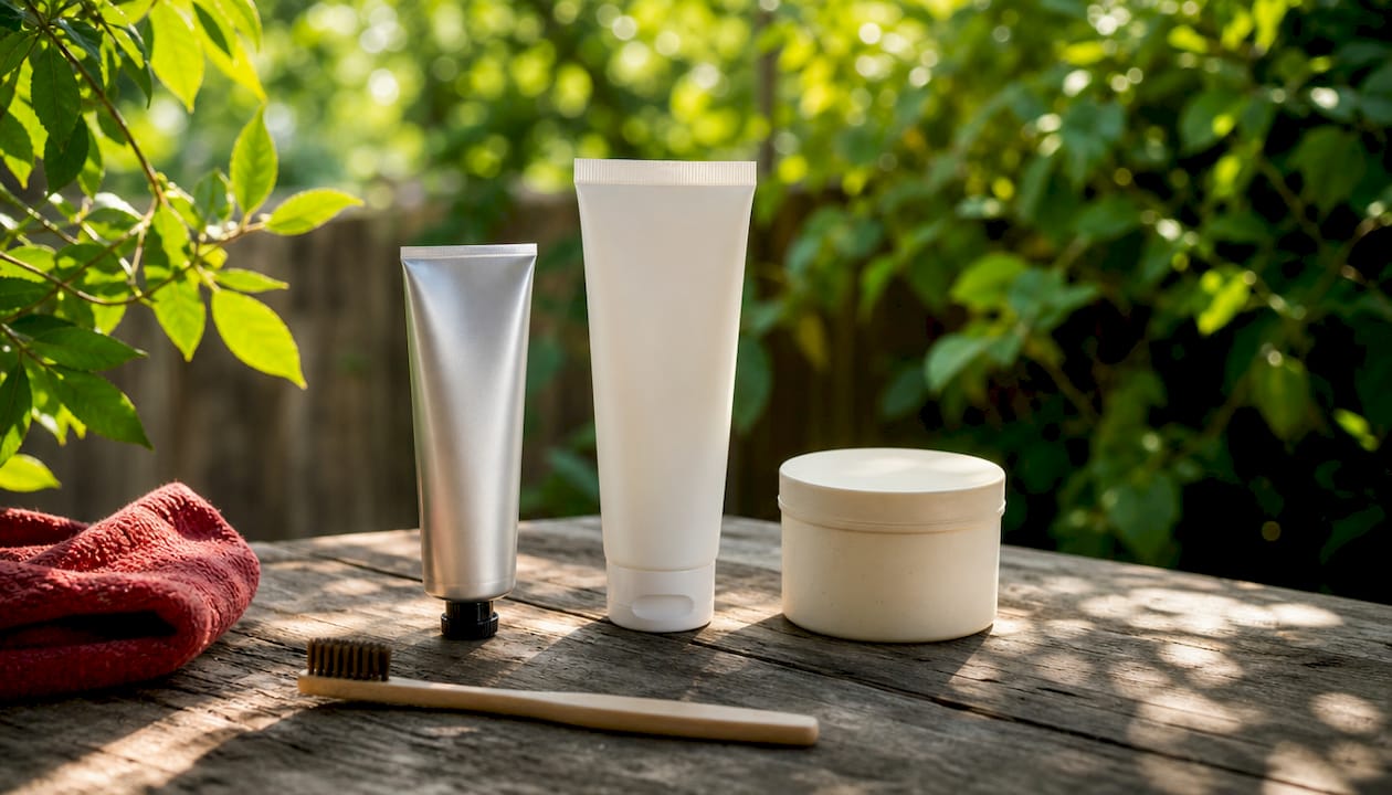 Close-up of sustainable oral care packaging materials