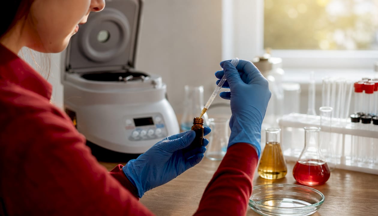 Hands holding propolis extract in lab