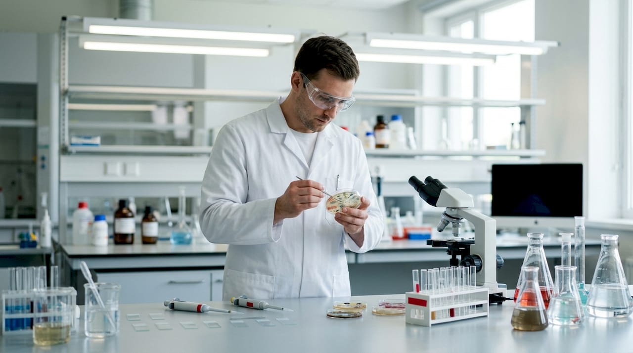 Hands holding petri dish with oral bacteria cultures in lab