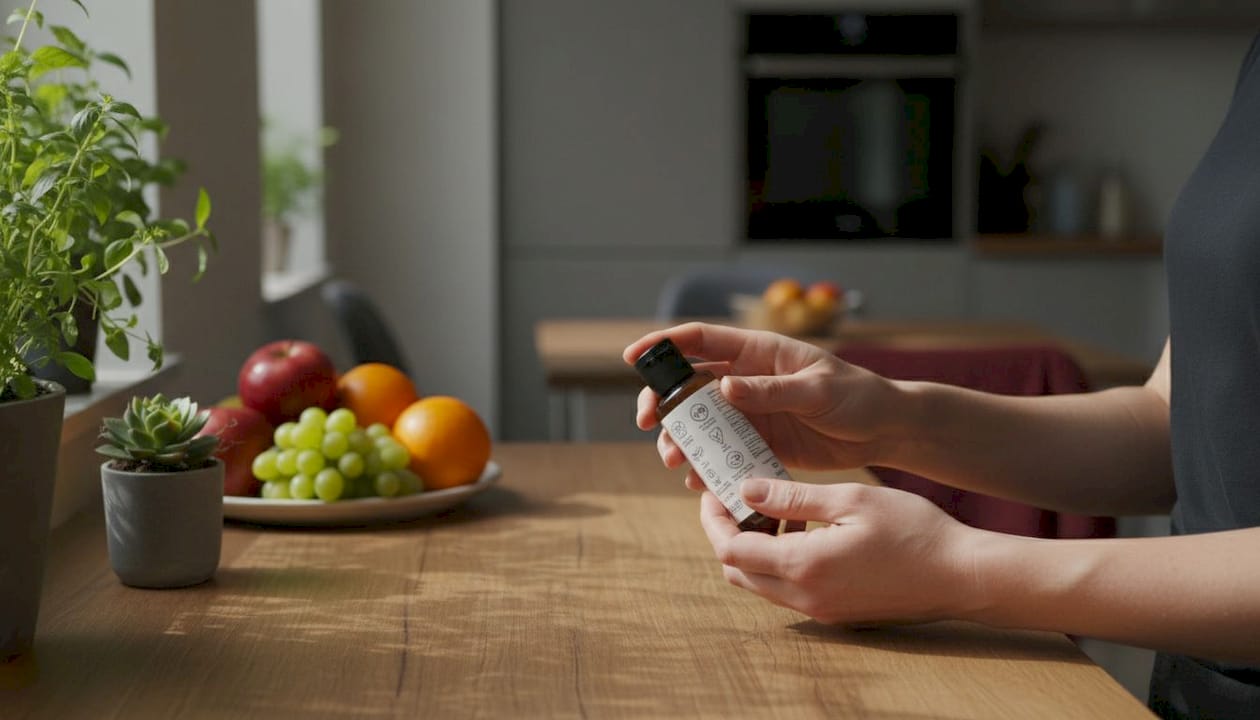 Hands inspecting personal care product labels