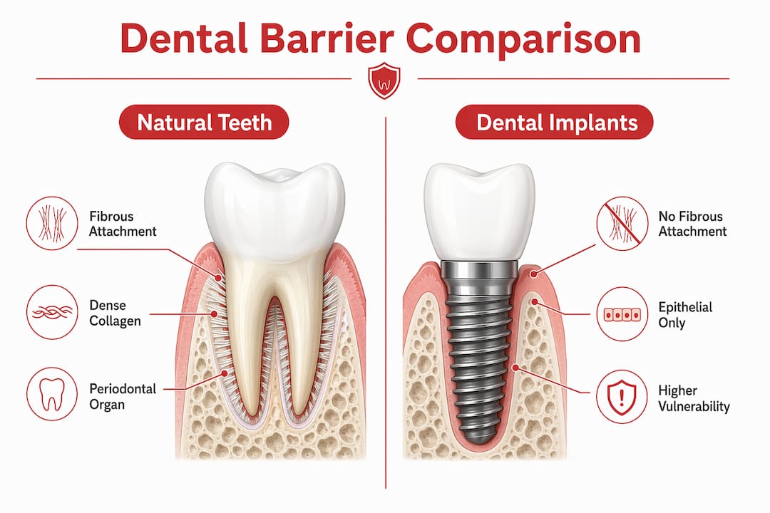 Infographic comparing barrier features of natural teeth and dental implants